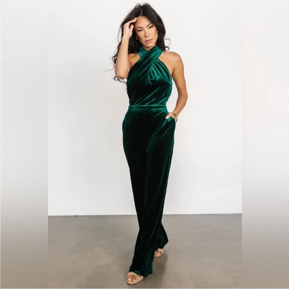 Baltic Born Emerald Green Cleopatra Velvet Twisted Wide Leg Jumpsuit Size Medium